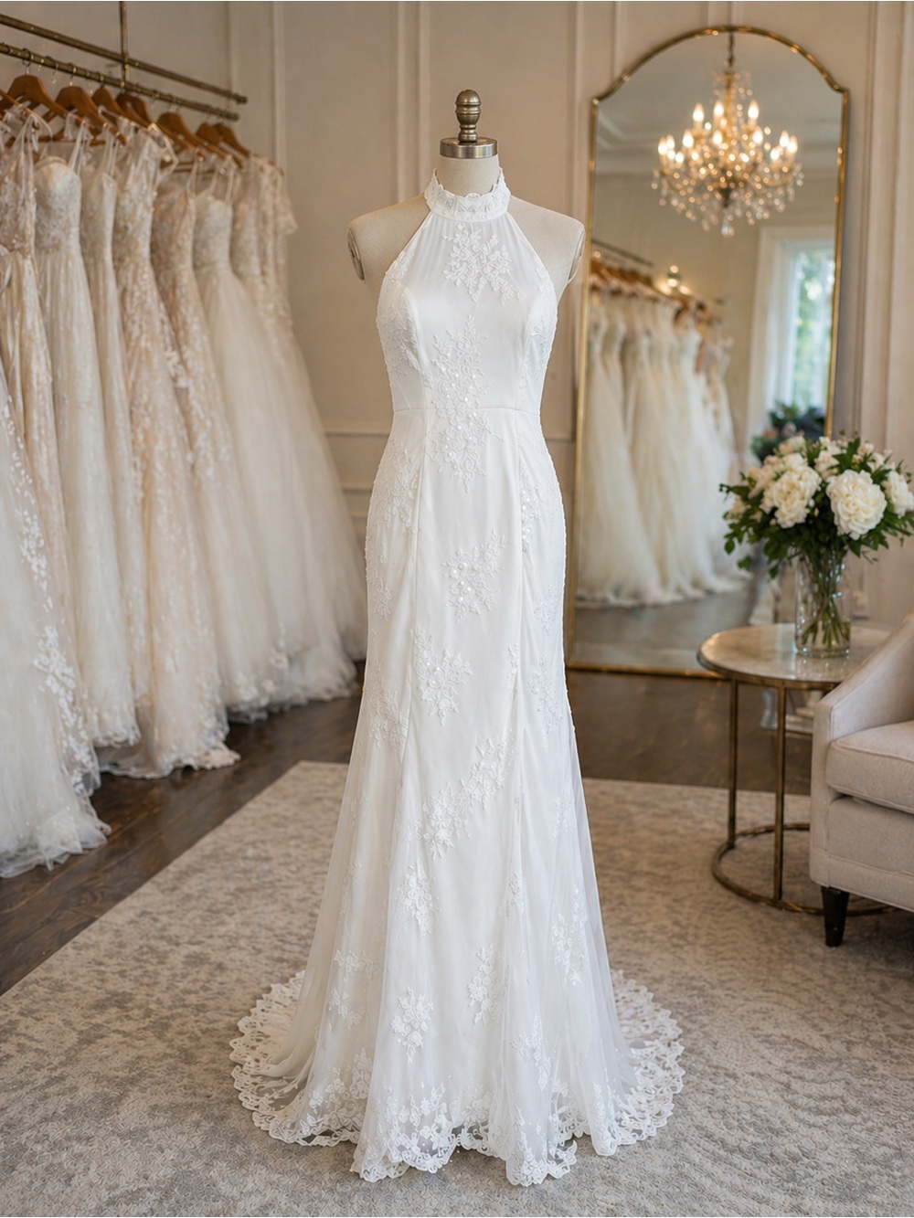 Lulus Dreamy Glamour White Embroidered Halter Mermaid Wedding Dress, Size Small